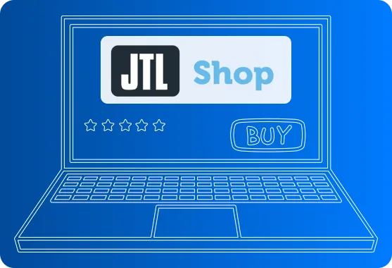 JTL-Shop auf einem Laptop: Shop-Oberfläche mit Produktbewertung und Kaufen-Button