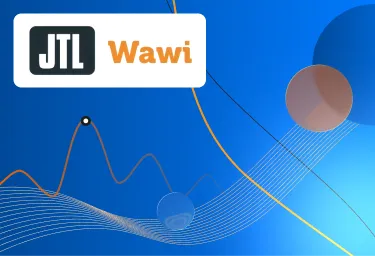 JTL-Wawi Logo auf blauem Banner mit Diagrammkurven