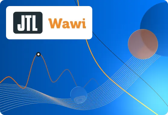 JTL-Wawi Logo auf blauem Banner mit Diagrammkurven
