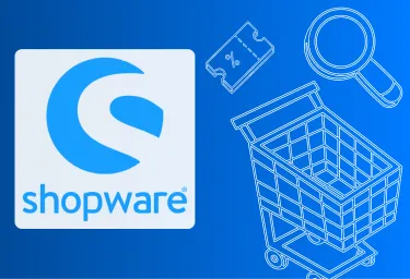 Shopware-Logo vor einem Einkaufswagen als Symbol für die E-Commerce-Plattform