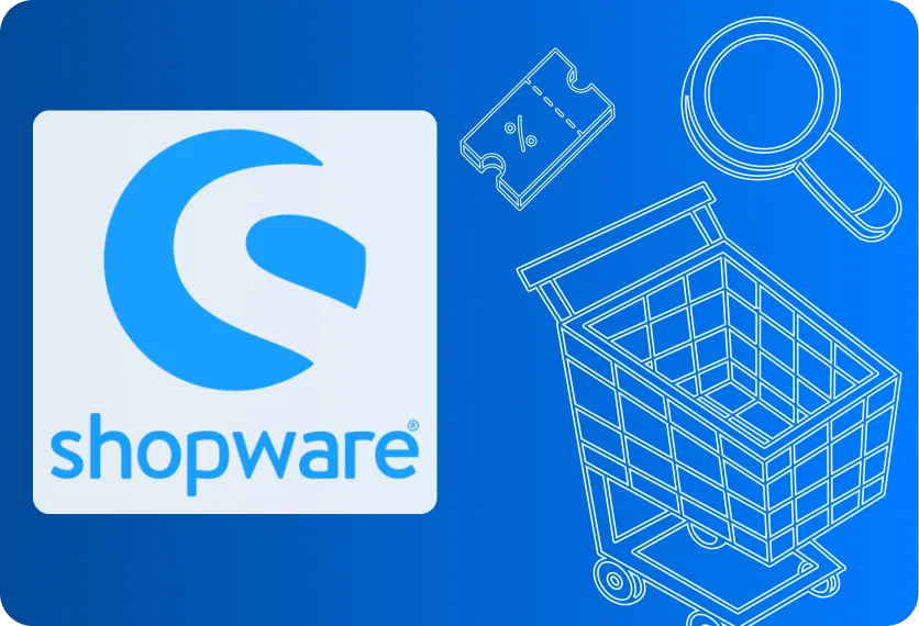 Shopware-Logo vor einem Einkaufswagen als Symbol für die E-Commerce-Plattform