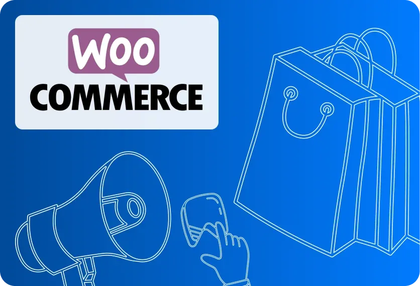 WooCommerce Experte für WordPress Shops: Logo, Einkaufstasche und Megafon