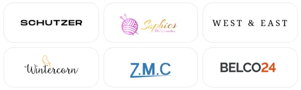 Logos zufriedener Kunden: Schutzer, Sophies Wollparadies, West & East, Wintercorn, Z.M.C und Belco24