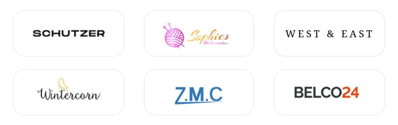 Logos zufriedener Kunden: Schutzer, Sophies Wollparadies, West & East, Wintercorn, Z.M.C und Belco24